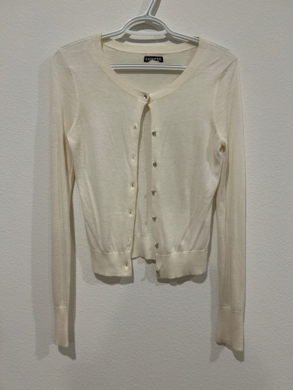 Express Ivory Crewneck Cardigan with Decorative Rhinestone Buttons